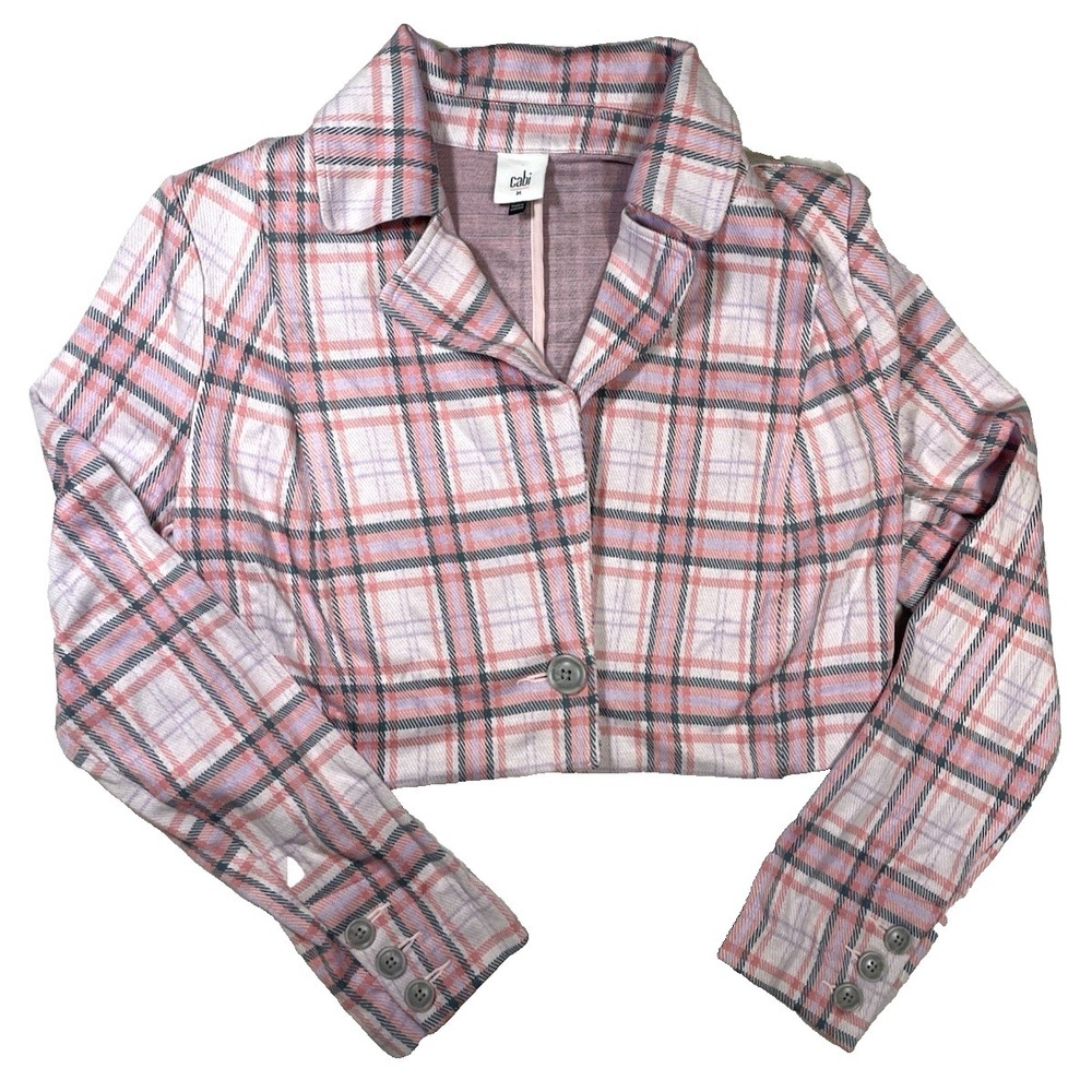 CAbi Plaid Cropped Blazer Jacket M Pink Check Career Stretch Style 6257